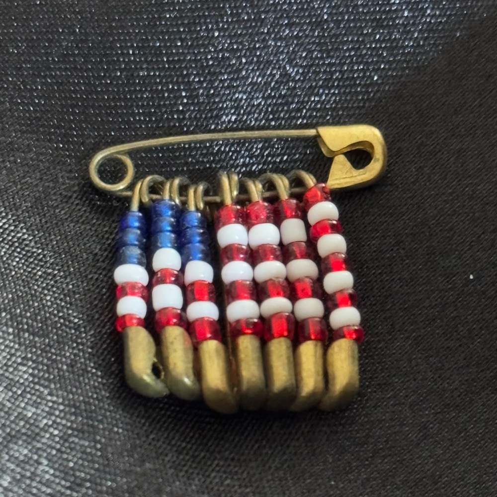 Vintage Safety Pin Brooch Beaded Flag Pin America Red White & Blue